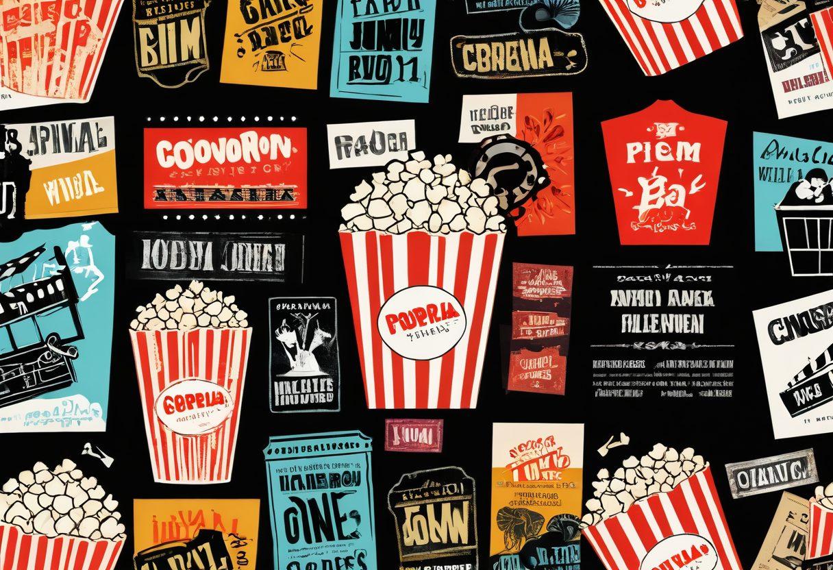 A visually engaging collage of film reels, popcorn, and vintage movie posters, set against a backdrop of a cinema screen displaying iconic film scenes. Incorporate playful trivia text bubbles emerging from the film elements, with a joyful character holding a clapperboard, surrounded by film awards. The atmosphere should be vibrant and celebratory, inviting viewers into the whimsical world of film analysis. super-realistic. vibrant colors. cinematic atmosphere.