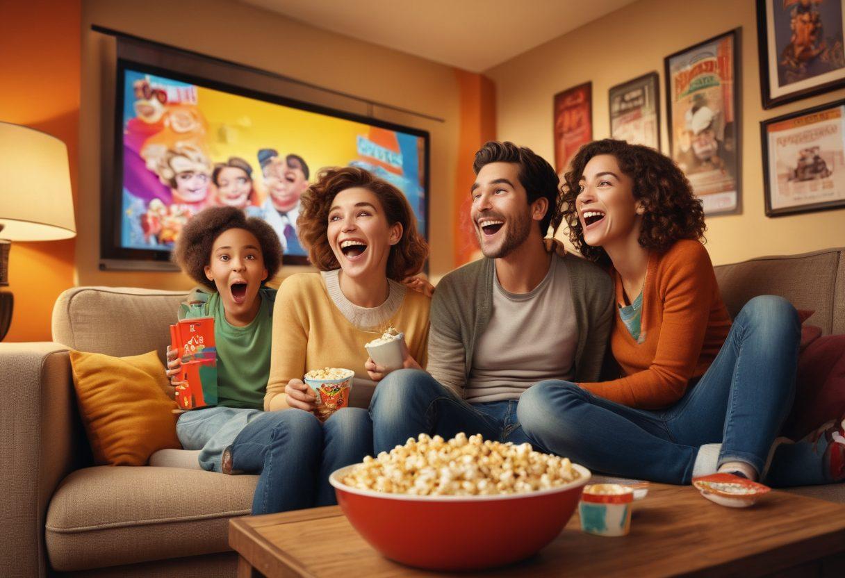A heartwarming family gathered on a cozy couch, laughing together while watching a colorful and lively comedy film on a big screen. The room is adorned with movie posters of classic comedies, and bowls of popcorn are scattered around. Soft, warm lighting enhances the playful atmosphere, inviting viewers to join in the fun. Cartoonish characters can be seen on screen, showcasing hilarity and family bonding. vibrant colors. 3D.