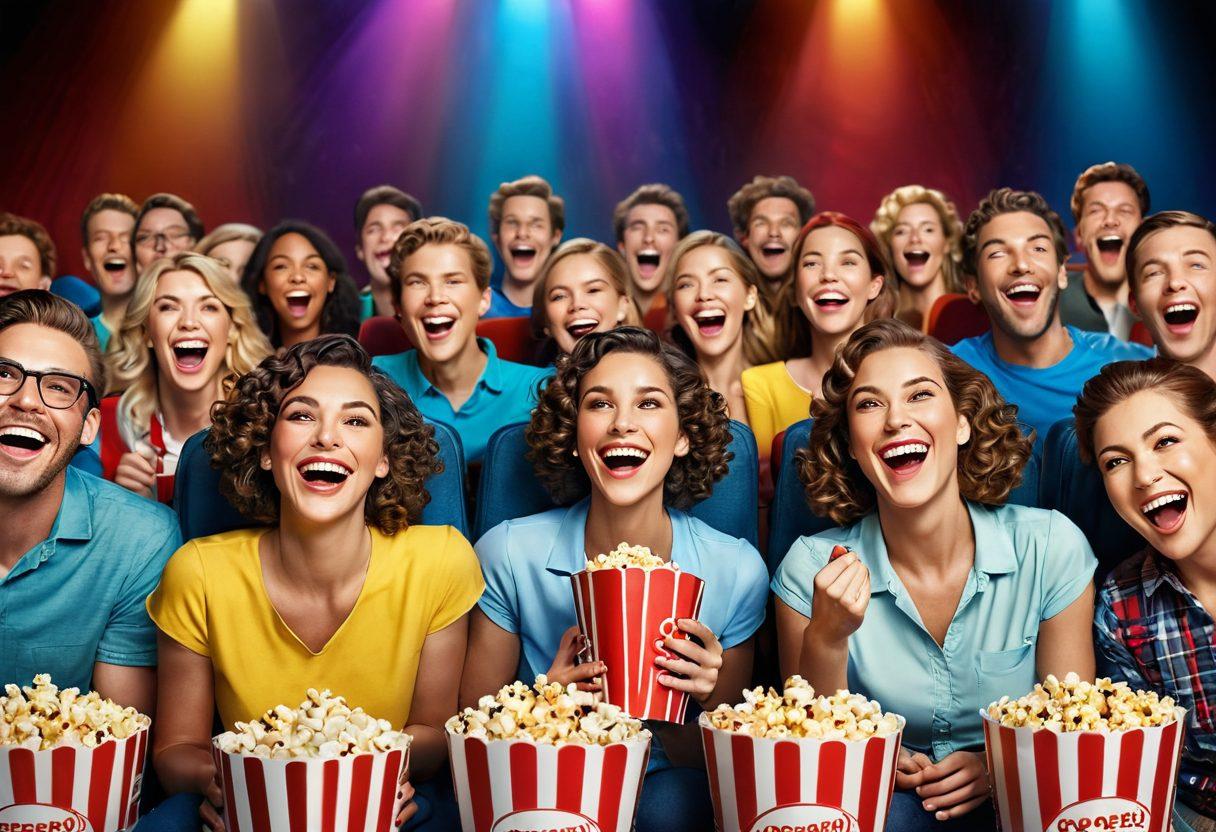 A vibrant movie theater scene filled with a diverse group of people laughing and enjoying a comedy film, popcorn flying in the air, colorful movie posters on the walls featuring classic comedies, warm lighting creating a cozy atmosphere. Capture the joy and excitement of cinema with an emphasis on facial expressions. super-realistic. vibrant colors. 3D.